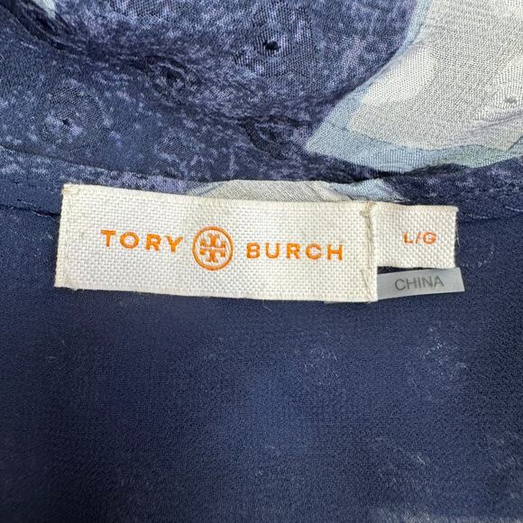 Tory Burch Erica Antibes Blue Poplin Square Silk Drop Waist Blouson Mini Dress L - Picture 10 of 11